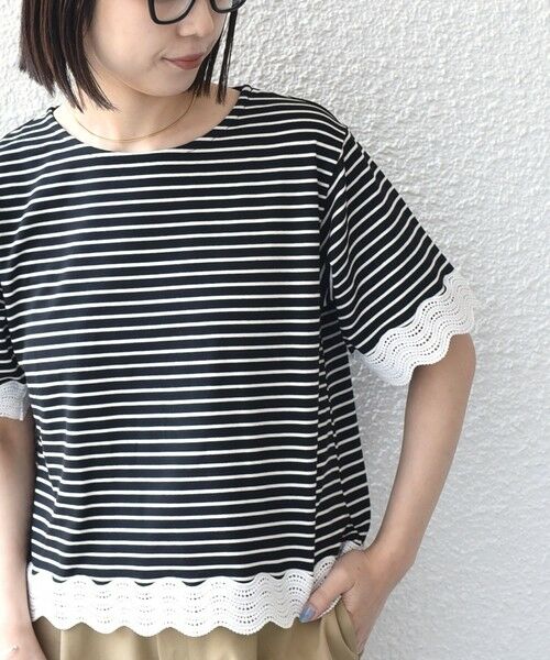 SHIPS / シップス Tシャツ | 《予約》SHIPS Colors:〈洗濯機可能〉リンク レース コンビ TEE◆（ブラック）