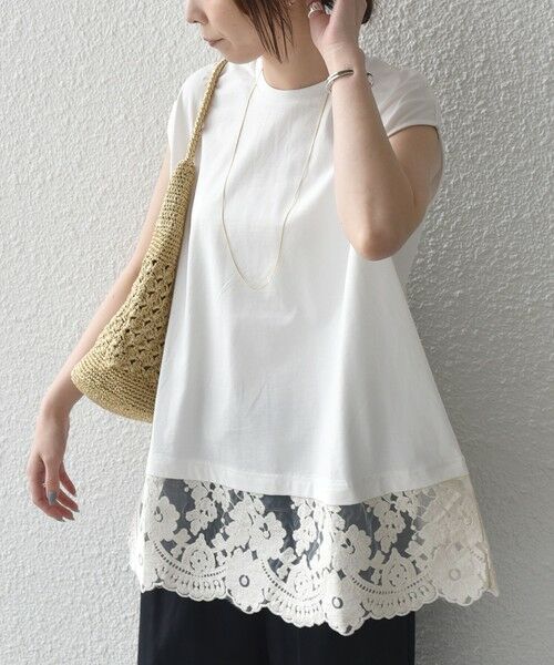 SHIPS / シップス カットソー（半袖以外） | SHIPS Colors:〈手洗い可能〉レースヘム フレンチスリーブ チュニック（オフホワイト）
