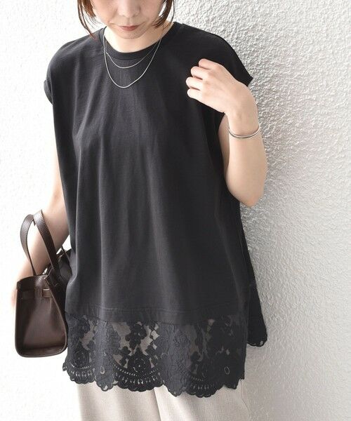 SHIPS / シップス カットソー（半袖以外） | SHIPS Colors:〈手洗い可能〉レースヘム フレンチスリーブ チュニック（ブラック）