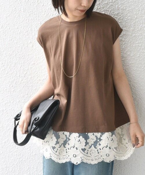 SHIPS / シップス カットソー（半袖以外） | SHIPS Colors:〈手洗い可能〉レースヘム フレンチスリーブ チュニック（ブラウン）