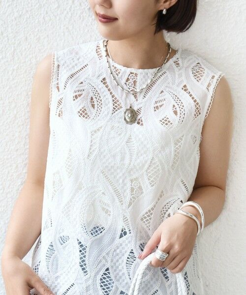 SHIPS / シップス カットソー（半袖以外） | 〈手洗い可能〉刺繍 レース ノースリーブ プルオーバー（ホワイト）
