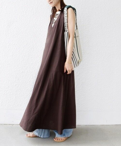 SHIPS / シップス ロング・マキシ丈ワンピース | 《予約》【WEB限定】〈手洗い可能〉レーヨン 麻 ステッチ デザイン Vネック ワンピース | 詳細9