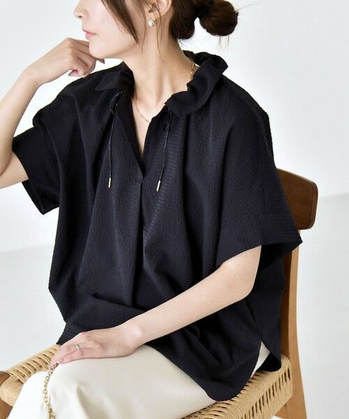 SHIPS / シップス シャツ・ブラウス | 《予約》quaranciel:〈手洗い可能〉サッカー ドロストカラー スキッパー シャツ ブラウス（ネイビー）