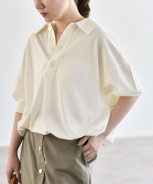 SHIPS / シップス カットソー | 《予約》quaranciel:〈接触冷感/洗濯機可能〉シルク ミックス ポンチ ドロスト ポロ プルオーバー（オフホワイト）