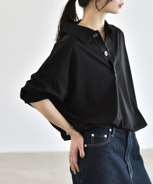 SHIPS / シップス カットソー | 《予約》quaranciel:〈接触冷感/洗濯機可能〉シルク ミックス ポンチ ドロスト ポロ プルオーバー（ブラック）