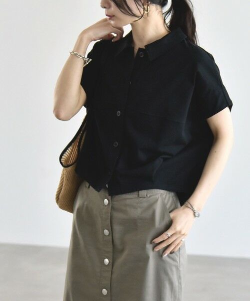SHIPS / シップス カットソー | 《予約》quaranciel:〈接触冷感/洗濯機可能〉天竺 フレンチスリーブ シャツ カットソー（ブラック）