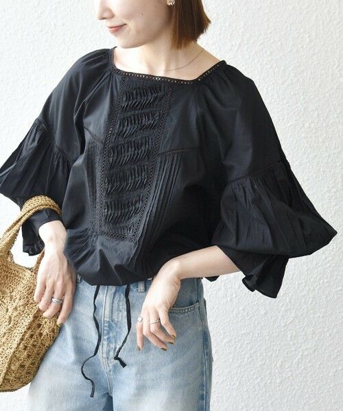 SHIPS / シップス シャツ・ブラウス | 《予約》SHIPS any:〈洗濯機可能〉キャンブリック ハシゴレース ピンタック パフ ブラウス（ブラック）