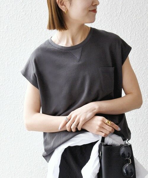 SHIPS / シップス Tシャツ | SHIPS any:〈洗濯機可能〉シアー 裏毛 クルーネック フレンチ スリーブ TEE（チャコールグレー）