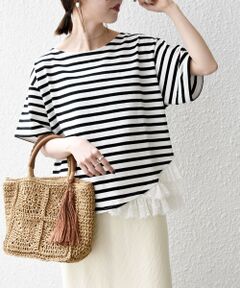 《予約》SHIPS any:〈洗濯機可能〉レース ヘム アシンメトリー ショートスリーブ TEE