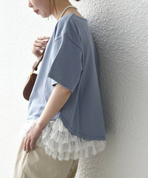 SHIPS / シップス カットソー | 《予約》SHIPS any:〈洗濯機可能〉レース ヘム アシンメトリー ショートスリーブ TEE（ブルー）