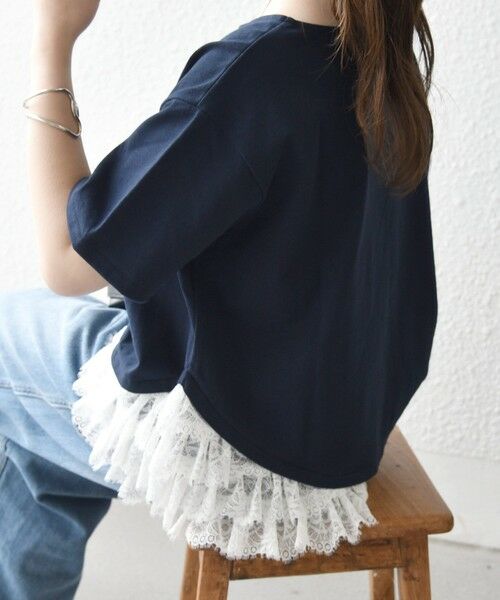 SHIPS / シップス カットソー | 《予約》SHIPS any:〈洗濯機可能〉レース ヘム アシンメトリー ショートスリーブ TEE（ネイビー）
