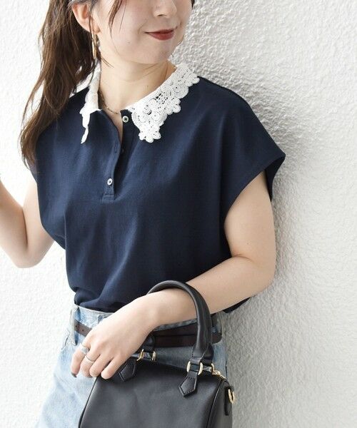 SHIPS / シップス カットソー | 《予約》SHIPS any:〈洗濯機可能〉レース カラー フレンチスリーブ ポロ プルオーバー（ネイビー）