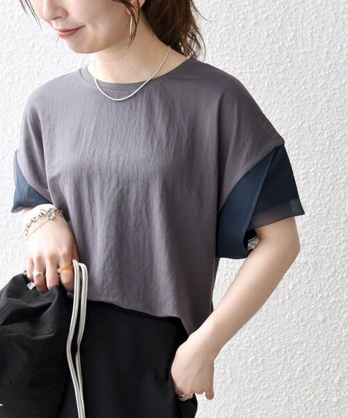SHIPS / シップス Tシャツ | 《予約》SHIPS any:〈手洗い可能〉カノコ チュール コンビ ワイド TEE（チャコールグレー）