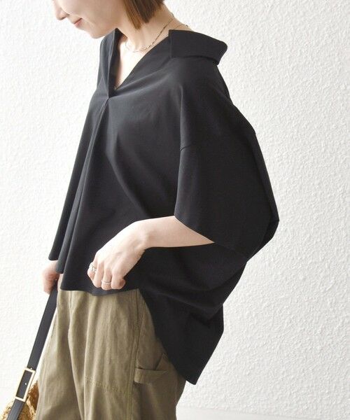 SHIPS / シップス Tシャツ | 《予約》SHIPS any:〈洗濯機可能〉ジャージー ワイド スキッパー ポロ プルオーバー（ブラック）