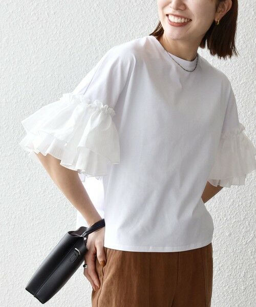 SHIPS / シップス Tシャツ | 《予約》SHIPS any:〈洗濯機可能〉フリル スリーブ クルーネック コンパクト TEE（ホワイト）