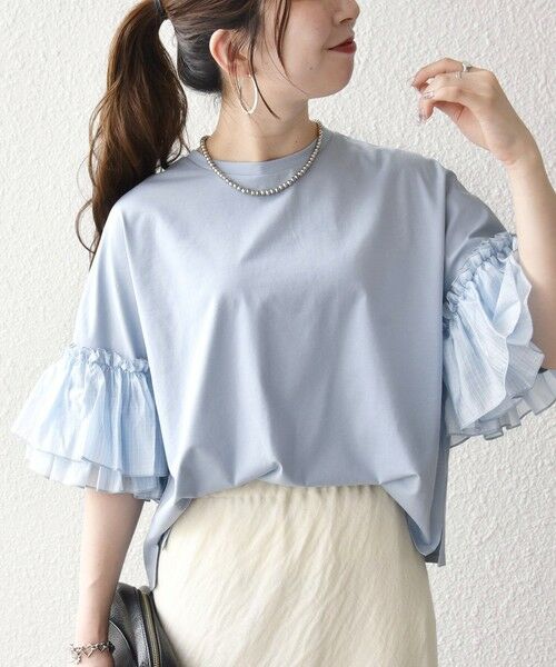 SHIPS / シップス Tシャツ | 《予約》SHIPS any:〈洗濯機可能〉フリル スリーブ クルーネック コンパクト TEE（ライトブルー）