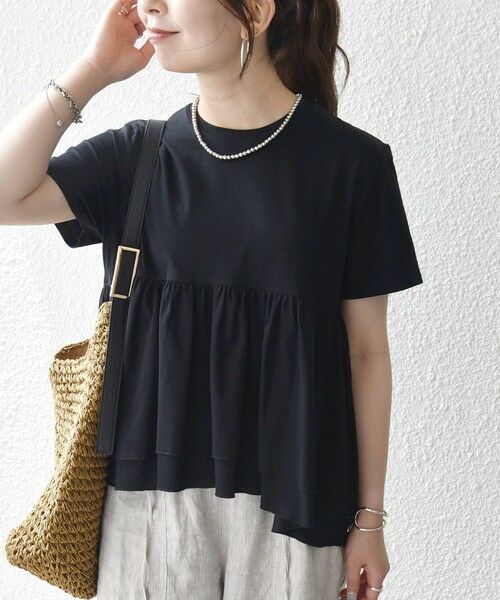 SHIPS / シップス Tシャツ | 《予約》SHIPS any:〈洗濯機可能〉ジャージー ダブルヘム ペプラム TEE（ブラック）