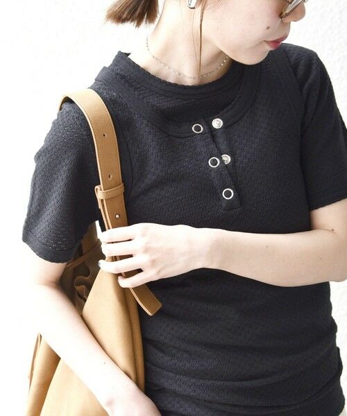 SHIPS / シップス タンクトップ | 《予約》SHIPS any:〈洗濯機可能〉透かし レース ヘンリーネック ノースリーブ タンク（ブラック）