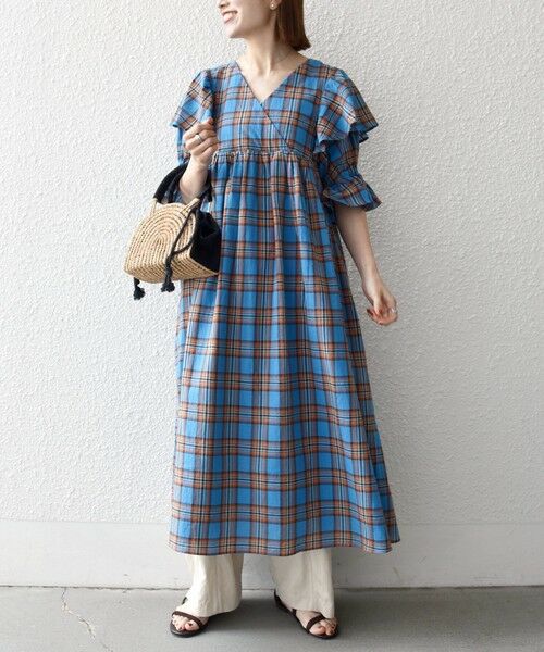 SHIPS / シップス ロング・マキシ丈ワンピース | SHIPS any:〈洗濯機可能〉コットン チェック ウエスト ギャザー ワンピース（ブルー）