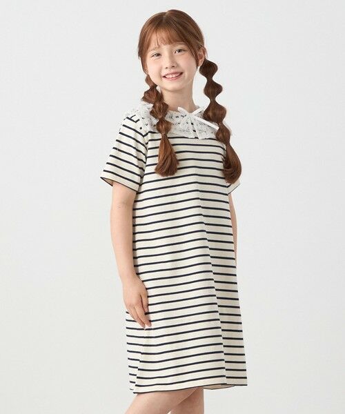 SHIPS / シップス ミニ丈・ひざ丈ワンピース | SHIPS any: レース カラー リボン 半袖 Tシャツ ワンピース <KIDS>(ホワイト)