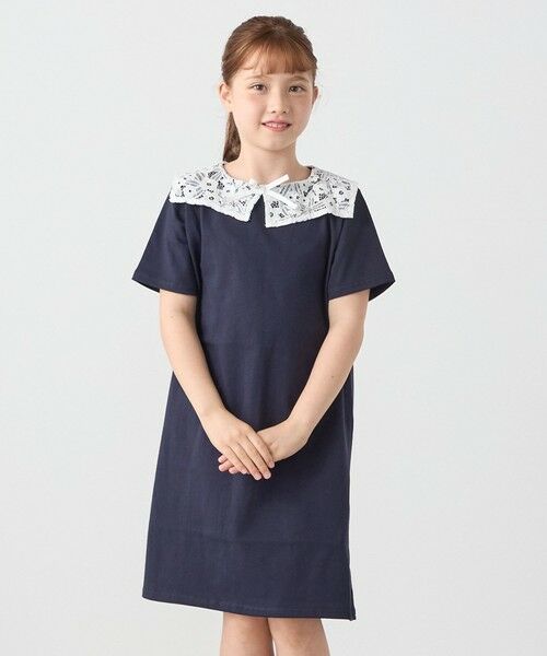 SHIPS / シップス ミニ丈・ひざ丈ワンピース | SHIPS any: レース カラー リボン 半袖 Tシャツ ワンピース <KIDS>(ネイビー)
