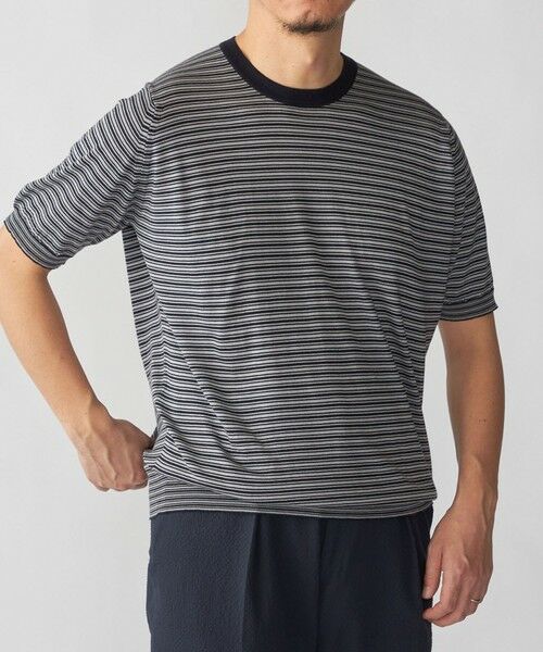 SHIPS / シップス Tシャツ | JOHN SMEDLEY: HOWICK マイクロボーダー ニット Tシャツ（ネイビー）