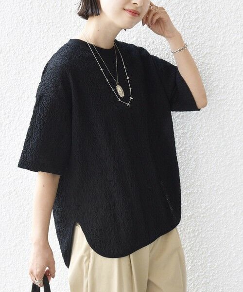 SHIPS / シップス Tシャツ | 【WEB限定】〈手洗い可能〉ウェーブ クレープ ショート スリーブ カットソー（ブラック）