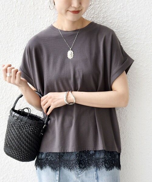 SHIPS / シップス Tシャツ | 〈手洗い可能〉レース コンビ フレンチ スリーブ TEE（ダークグレー）