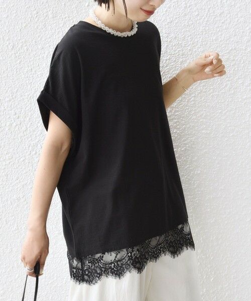 SHIPS / シップス Tシャツ | 〈手洗い可能〉レース コンビ フレンチ スリーブ TEE（ブラック）