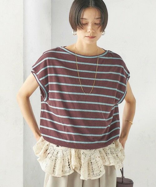 SHIPS / シップス Tシャツ | 《予約》マルチ ボーダー 裾 ドロスト プルオーバー（ブラウン）