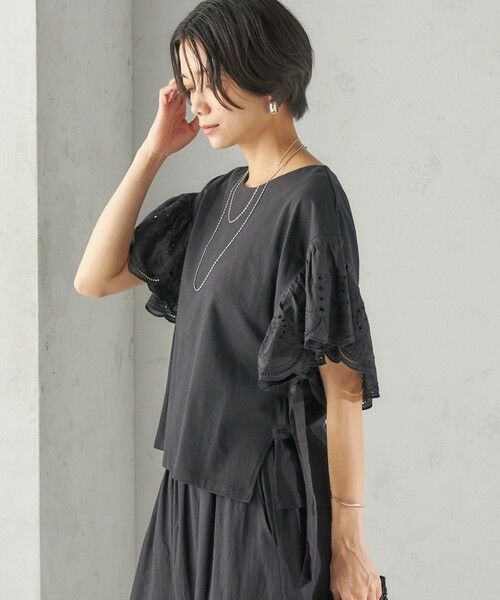 SHIPS / シップス Tシャツ | 《予約》〈洗濯機可能〉Sohana: シフリー 刺繍 レース スリーブ TEE（ブラック）