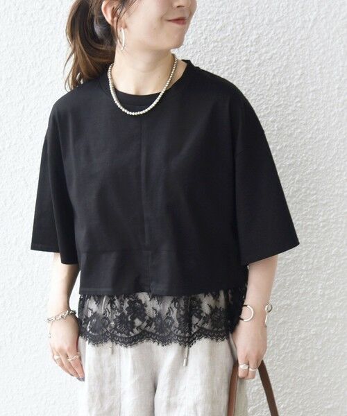 SHIPS / シップス Tシャツ | 《一部追加予約》SHIPS any:〈洗濯機可能〉ジップ レース ヘム ハーフスリーブ TEE(ブラック系その他)