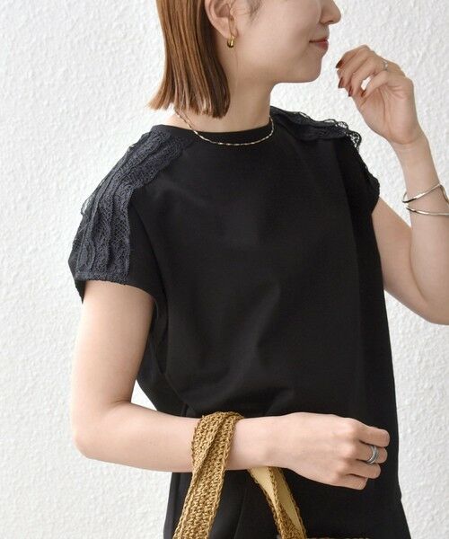 SHIPS / シップス Tシャツ | 《予約》SHIPS any:〈洗濯機可能〉ジャージー フレンチスリーブ レース TEE（ブラック）