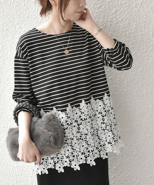 SHIPS / シップス カットソー（半袖以外） | 《予約》【WEB限定】SHIPS Colors:ポンチ レース コンビ トップス（ボーダー）2◆（ブラック）