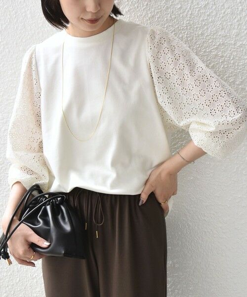 SHIPS / シップス カットソー（半袖以外） | 《予約》SHIPS Colors:〈手洗い可能〉ミニ裏毛 レース コンビ トップス◆（オフホワイト）