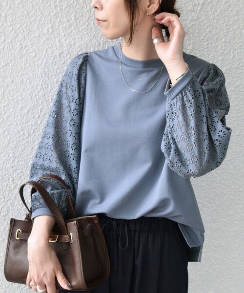 SHIPS / シップス カットソー（半袖以外） | 《予約》SHIPS Colors:〈手洗い可能〉ミニ裏毛 レース コンビ トップス◆（ライトブルー）