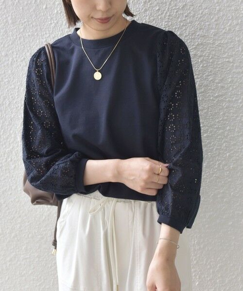 SHIPS / シップス カットソー（半袖以外） | 《予約》SHIPS Colors:〈手洗い可能〉ミニ裏毛 レース コンビ トップス◆（ネイビー）