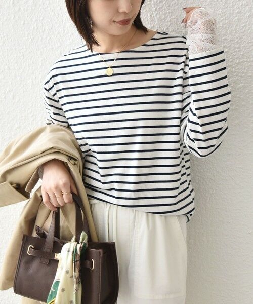 SHIPS / シップス カットソー（半袖以外） | 《予約》【WEB限定】SHIPS Colors:〈手洗い可能〉レース 切替スリーブ ボーダー カットソー◆（オフホワイト）