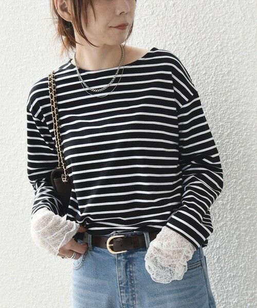 SHIPS / シップス カットソー（半袖以外） | 《予約》【WEB限定】SHIPS Colors:〈手洗い可能〉レース 切替スリーブ ボーダー カットソー◆（ブラック）
