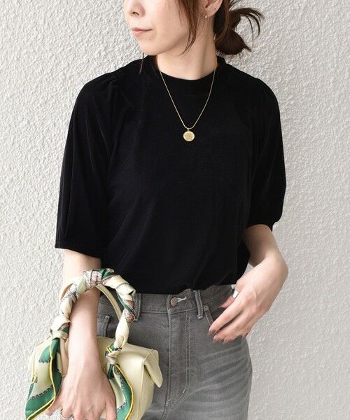 SHIPS / シップス Tシャツ | 《予約》SHIPS Colors:〈手洗い可能〉シアー ポリエステル ベロア 5分袖 トップス◆（ブラック）