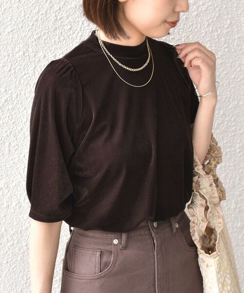 SHIPS / シップス Tシャツ | 《予約》SHIPS Colors:〈手洗い可能〉シアー ポリエステル ベロア 5分袖 トップス◆（ブラウン）