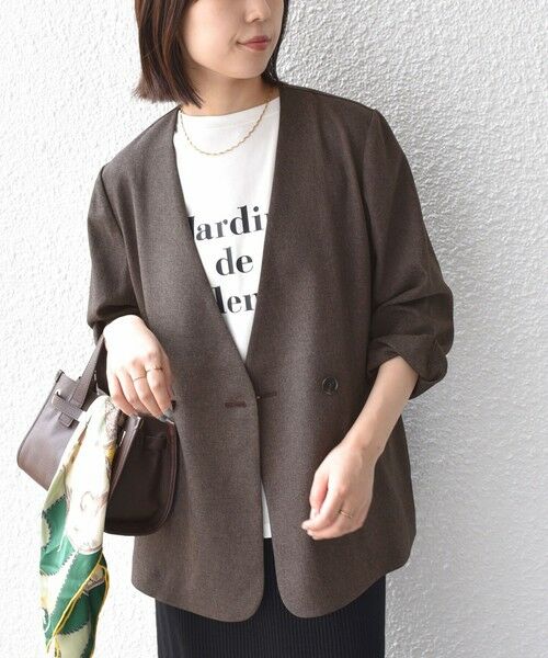 SHIPS / シップス ノーカラージャケット | 《予約》SHIPS Colors:〈手洗い可能〉杢 ノーカラー オーバー ジャケット（セットアップ対応可能）◆（ブラウン）