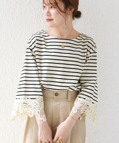 SHIPS / シップス カットソー（半袖以外） | 《予約》〈手洗い可能〉ボーダー 袖 レース ワイド プルオーバー