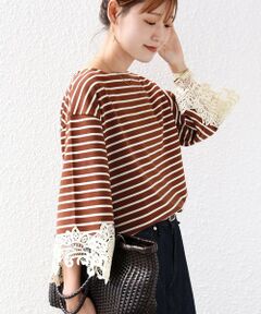 SHIPS / シップス カットソー（半袖以外） | 《予約》〈手洗い可能〉ボーダー 袖 レース ワイド プルオーバー