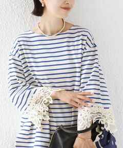 SHIPS / シップス カットソー（半袖以外） | 《予約》〈手洗い可能〉ボーダー 袖 レース ワイド プルオーバー