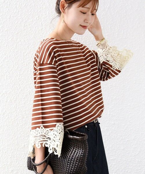 SHIPS / シップス カットソー（半袖以外） | 《予約》〈手洗い可能〉ボーダー 袖 レース ワイド プルオーバー（ブラウン）