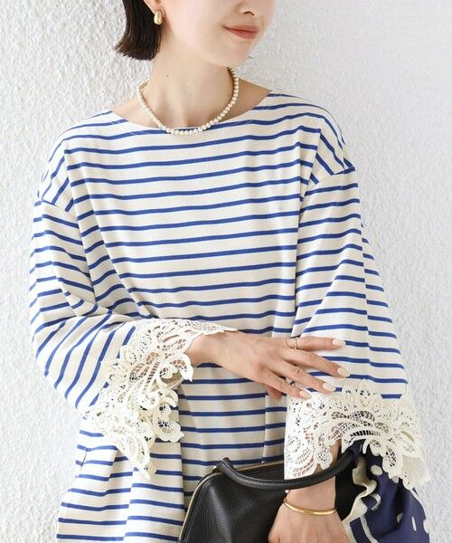 SHIPS / シップス カットソー（半袖以外） | 《予約》〈手洗い可能〉ボーダー 袖 レース ワイド プルオーバー（ブルー）