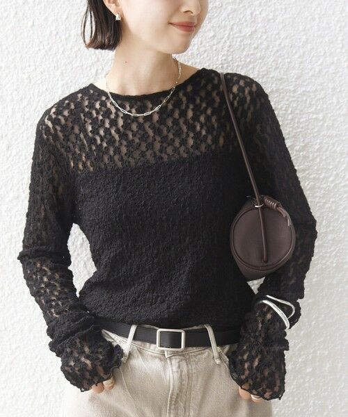 SHIPS / シップス カットソー（半袖以外） | 《予約》〈手洗い可能〉シュリンク レース ヘンリーネック 2WAY プルオーバー（ブラック）