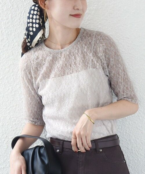 SHIPS / シップス カットソー | 〈手洗い可能〉ストレッチ フラワー レース TEE(ライトグレー)