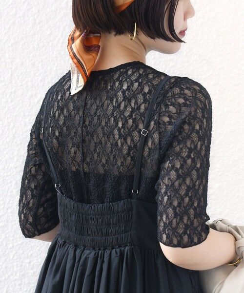 SHIPS / シップス カットソー | 〈手洗い可能〉ストレッチ フラワー レース TEE(ブラック)